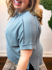 Textured Take Raised Rib Short Sleeve Top in Blue Grey