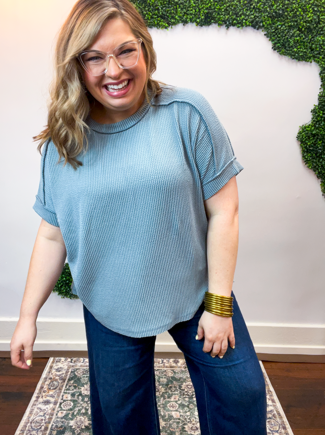 Textured Take Raised Rib Short Sleeve Top in Blue Grey