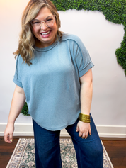 Textured Take Raised Rib Short Sleeve Top in Blue Grey