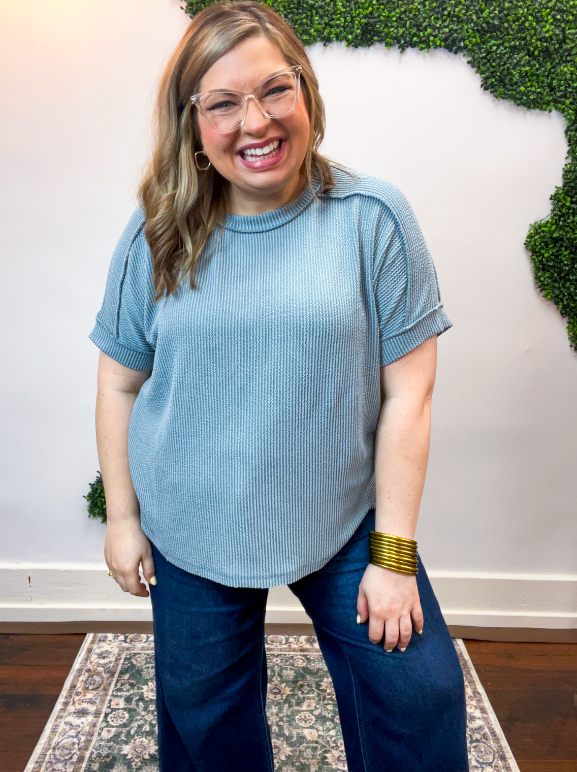 Textured Take Raised Rib Short Sleeve Top in Blue Grey