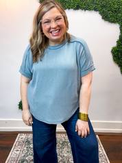 Textured Take Raised Rib Short Sleeve Top in Blue Grey