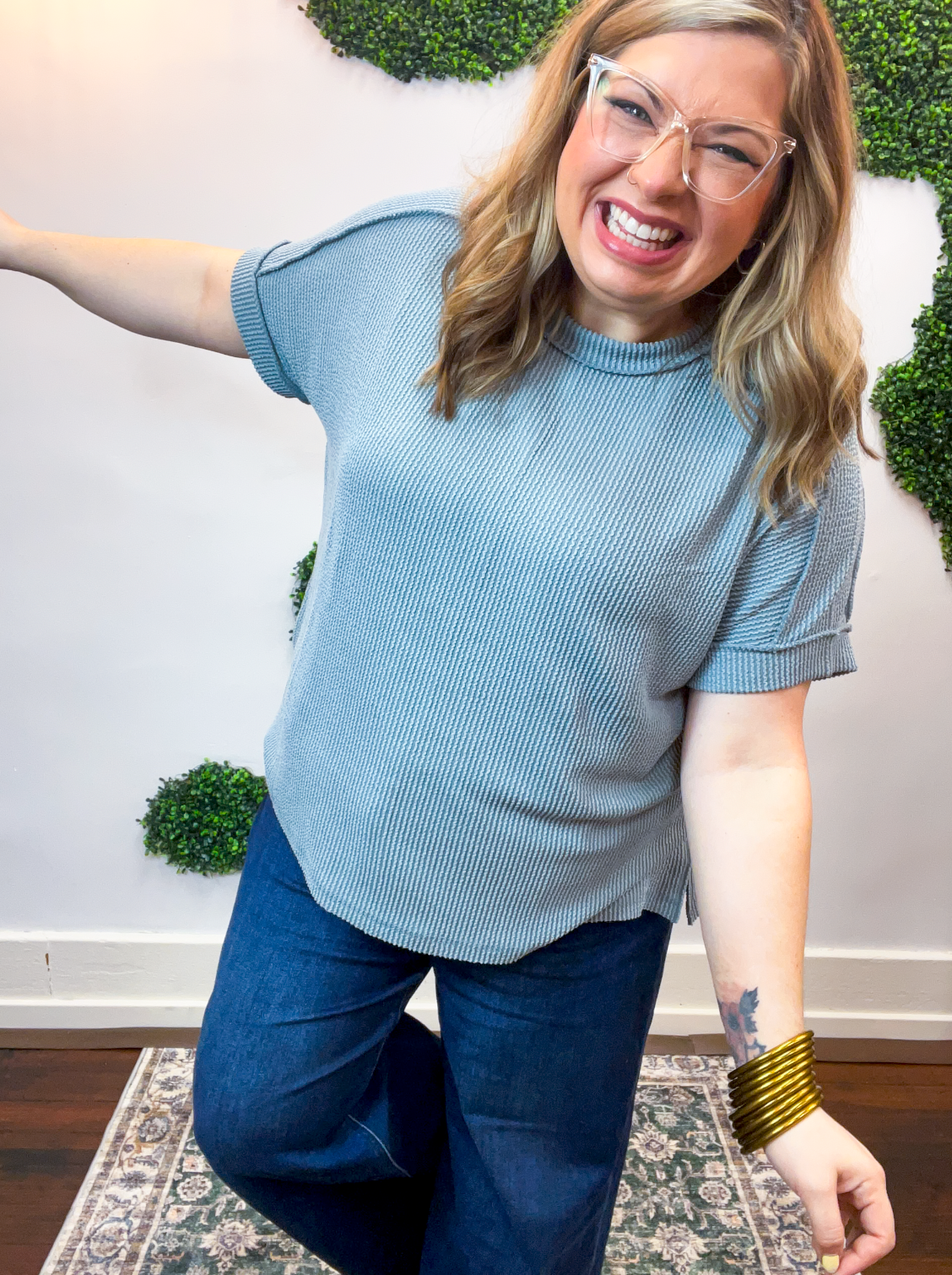 Textured Take Raised Rib Short Sleeve Top in Blue Grey