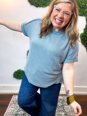 Textured Take Raised Rib Short Sleeve Top in Blue Grey