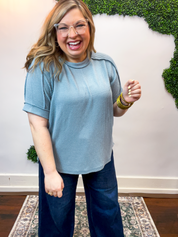 Textured Take Raised Rib Short Sleeve Top in Blue Grey