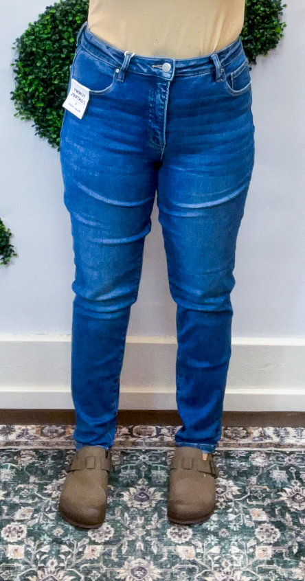 Risen | Tummy Control Mid Rise Ankle Skinny Jeans in Dark Wash