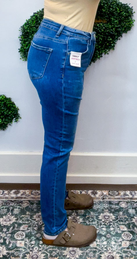 Risen | Tummy Control Mid Rise Ankle Skinny Jeans in Dark Wash