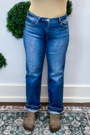 Risen | Mid Rise Ankle Straight Cuffed Jeans in Dark Wash