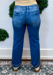 Risen | Mid Rise Ankle Straight Cuffed Jeans in Dark Wash
