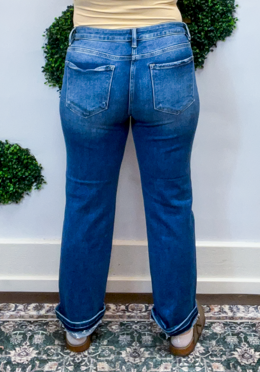 Risen | Mid Rise Ankle Straight Cuffed Jeans in Dark Wash