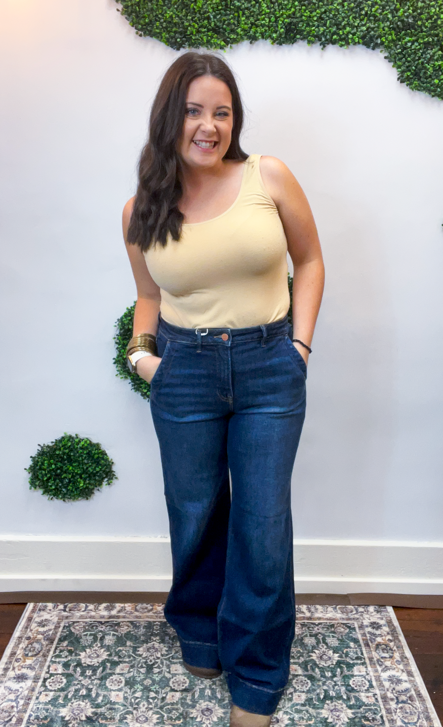 Risen | Tummy Control High Rise Wide Flare With Wide Hem in Dark Wash