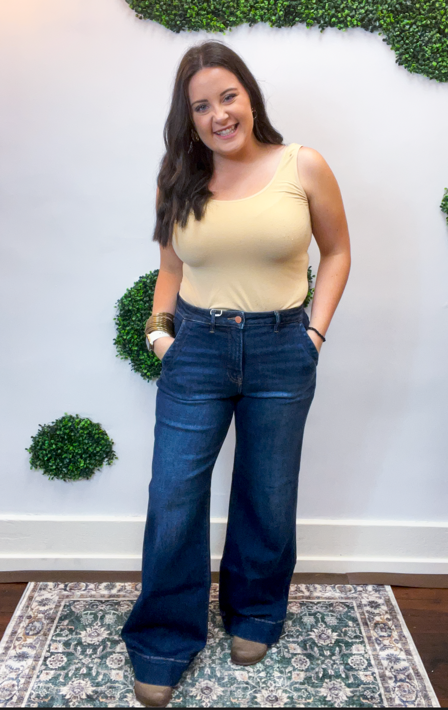Risen | Tummy Control High Rise Wide Flare With Wide Hem in Dark Wash