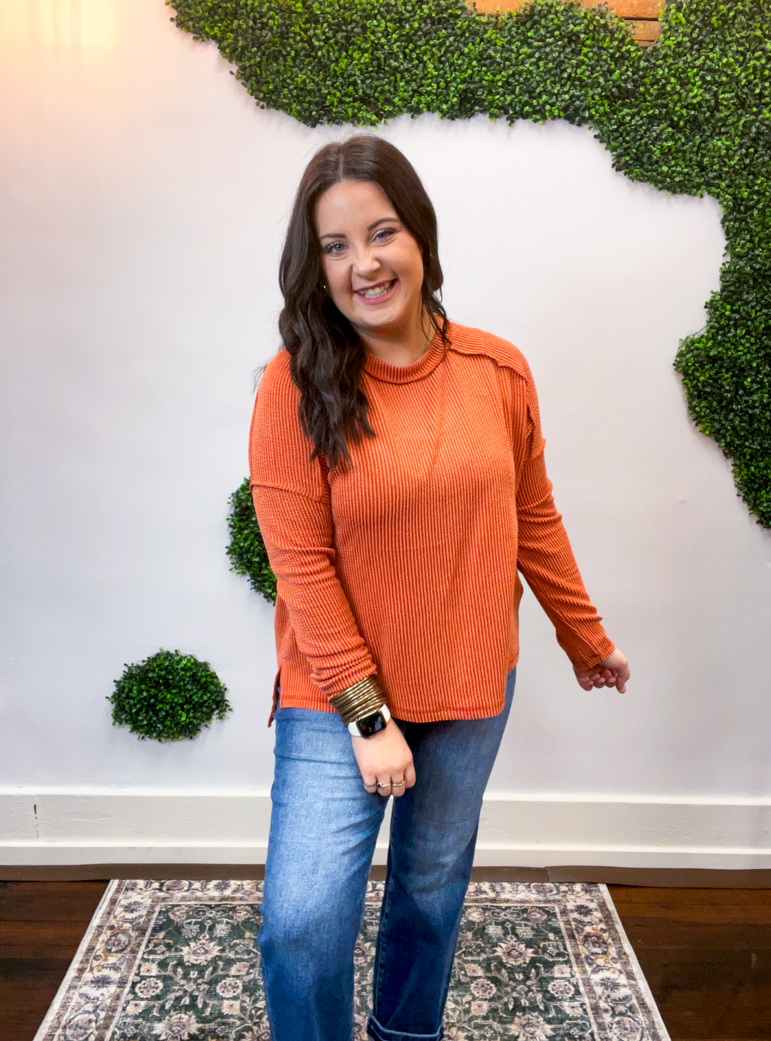 Second Take Raised Rib Long Sleeve Top in Burnt Orange