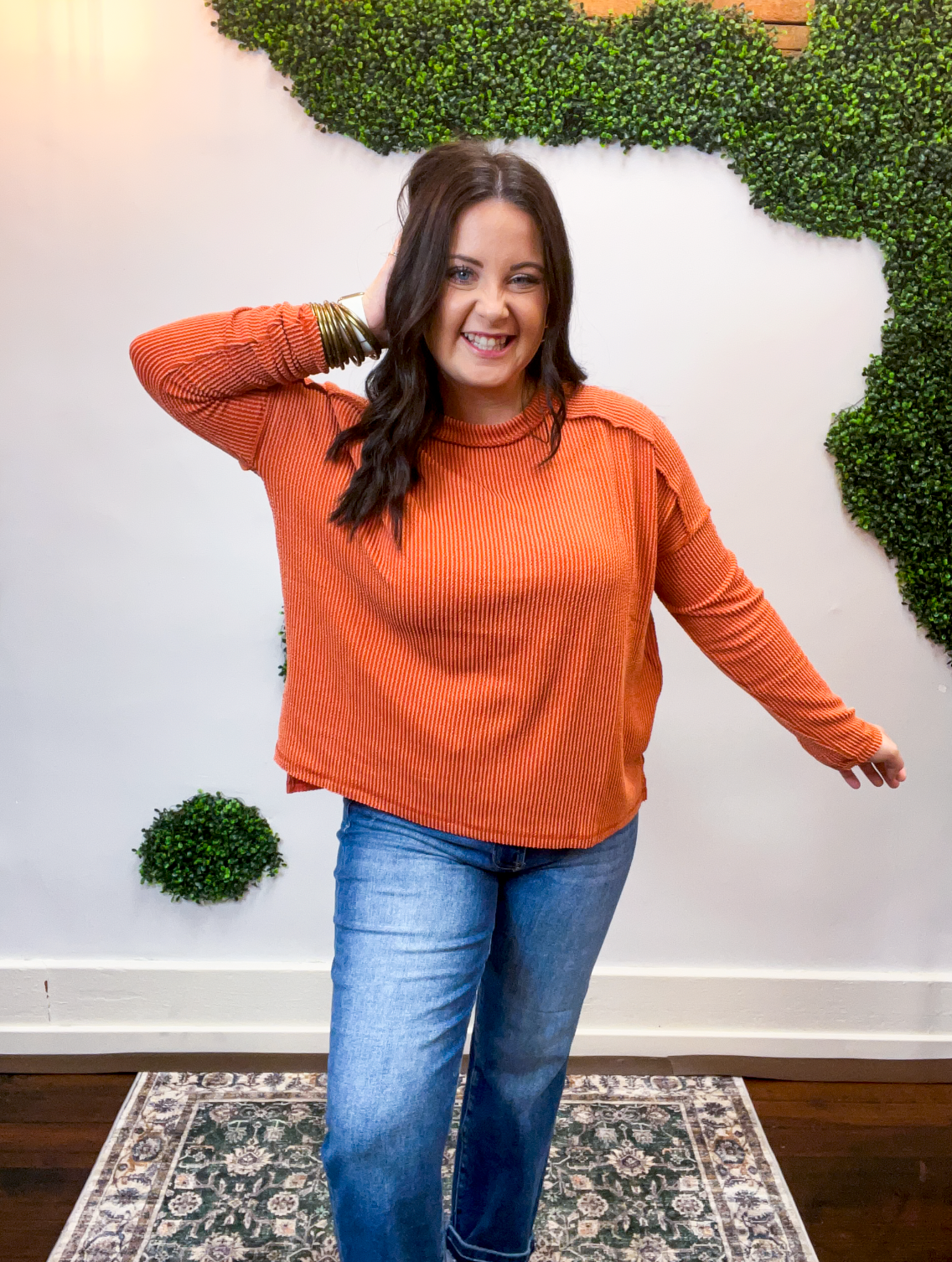Second Take Raised Rib Long Sleeve Top in Burnt Orange