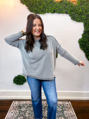 Second Take Raised Rib Long Sleeve Top in Black & White