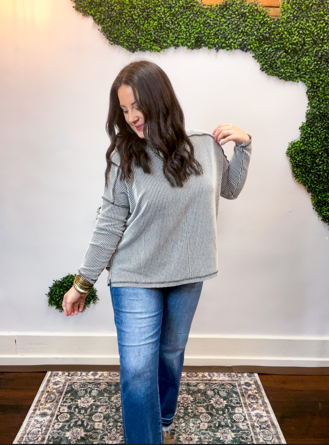 Second Take Raised Rib Long Sleeve Top in Black & White