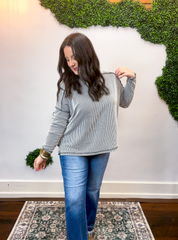 Second Take Raised Rib Long Sleeve Top in Black & White