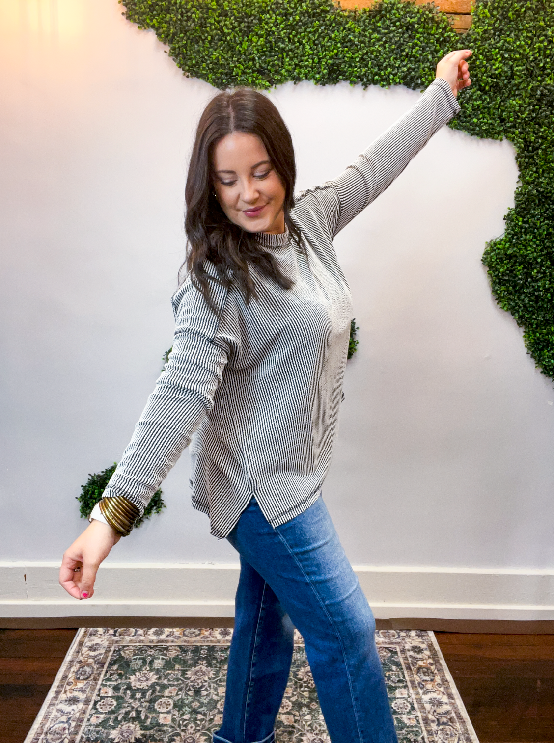 Second Take Raised Rib Long Sleeve Top in Black & White