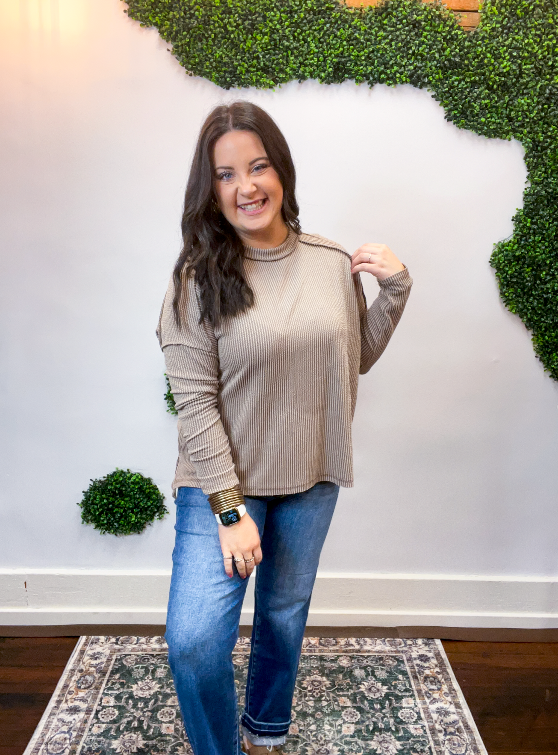 Second Take Raised Rib Long Sleeve Top in Cocoa