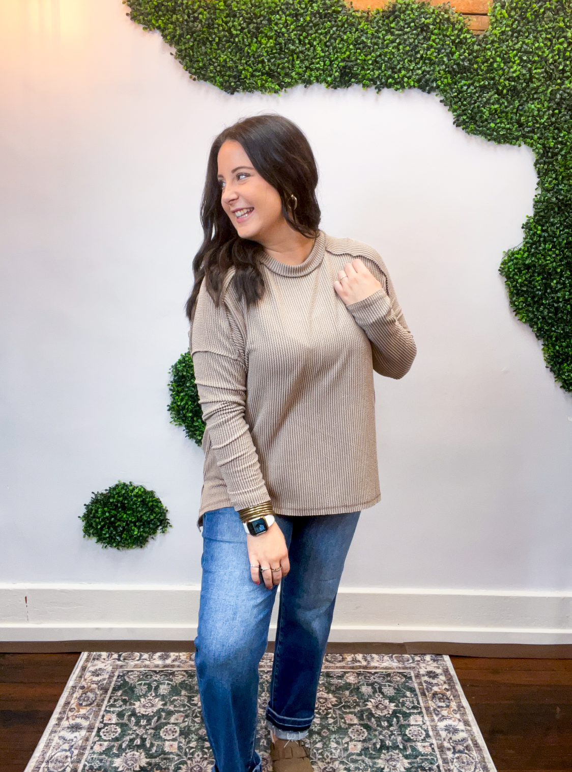 Second Take Raised Rib Long Sleeve Top in Cocoa