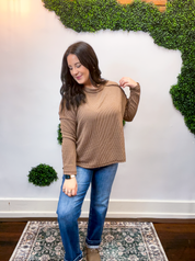 Second Take Raised Rib Long Sleeve Top in Brown