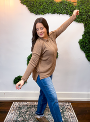 Second Take Raised Rib Long Sleeve Top in Brown