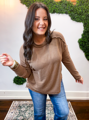 Second Take Raised Rib Long Sleeve Top in Brown