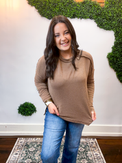 Second Take Raised Rib Long Sleeve Top in Brown