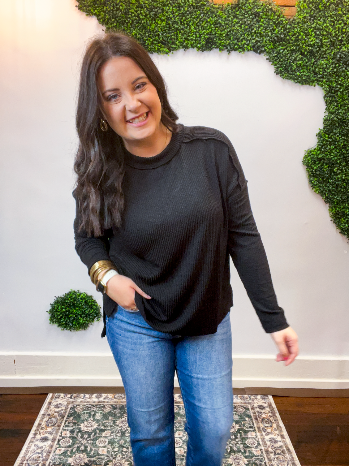 Second Take Raised Rib Long Sleeve Top in Black
