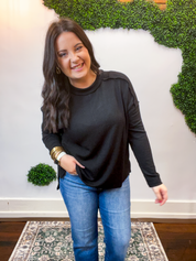 Second Take Raised Rib Long Sleeve Top in Black