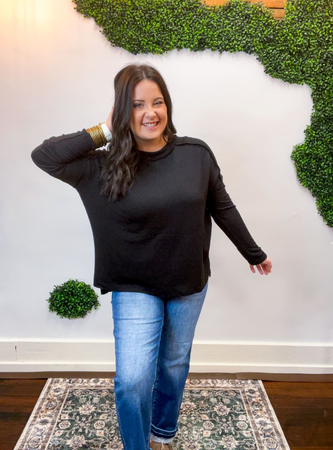 Second Take Raised Rib Long Sleeve Top in Black