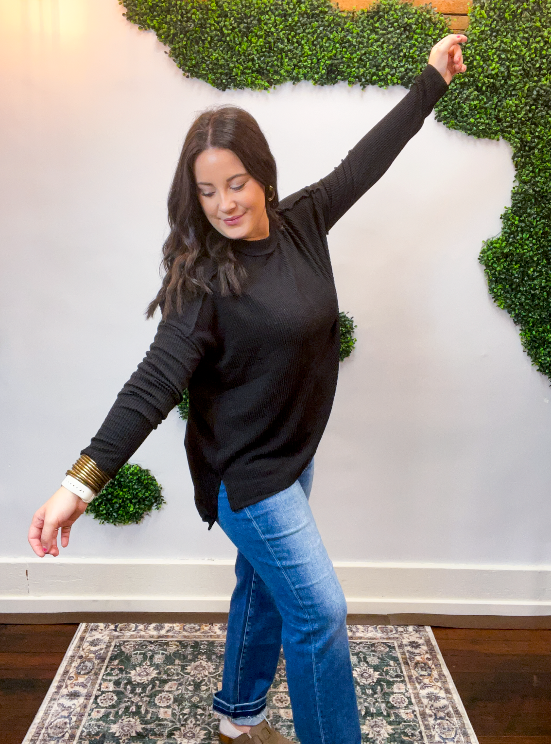 Second Take Raised Rib Long Sleeve Top in Black