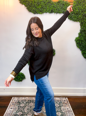 Second Take Raised Rib Long Sleeve Top in Black