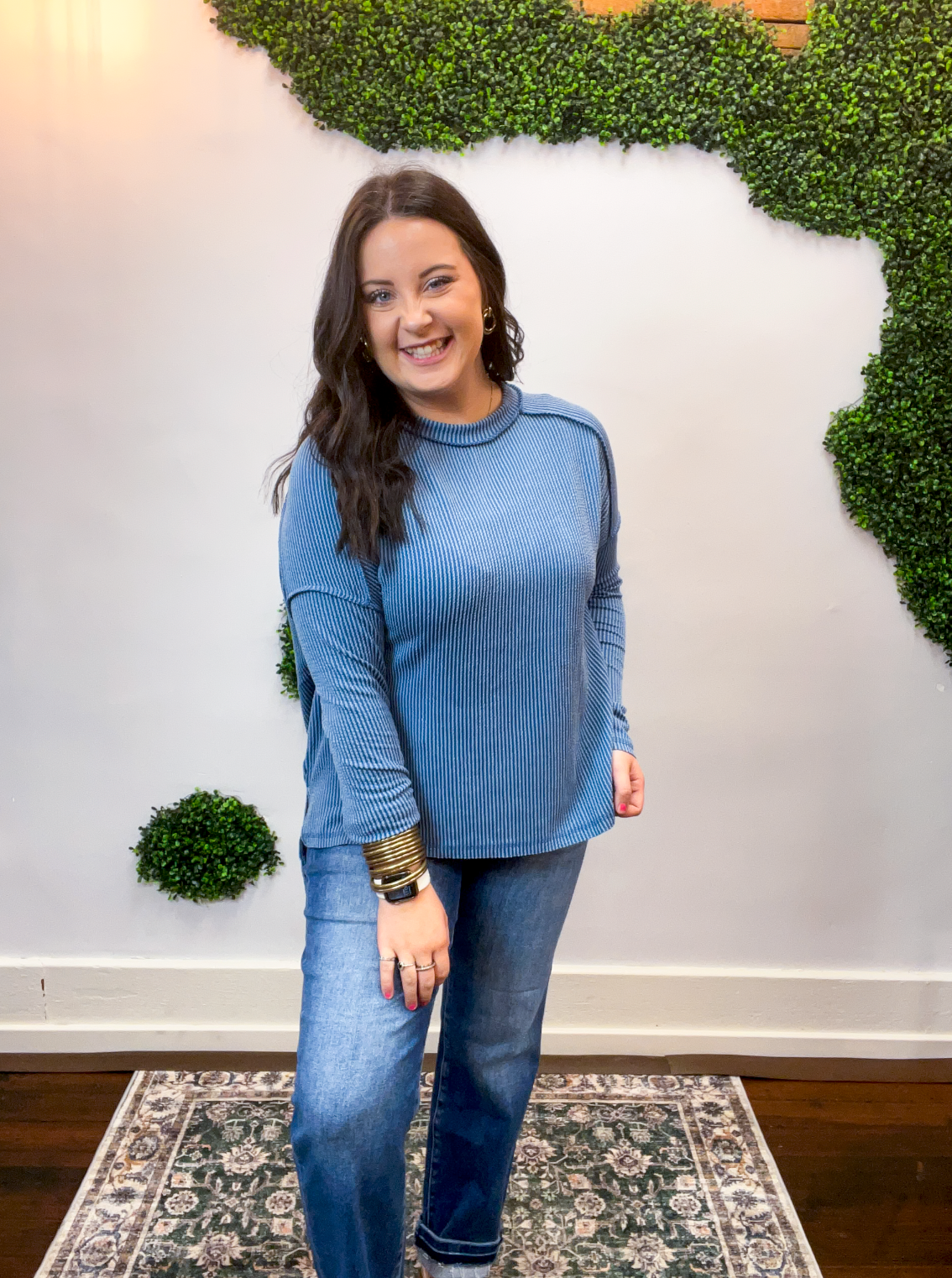 Second Take Raised Rib Long Sleeve Top in Dusty Blue