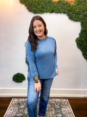 Second Take Raised Rib Long Sleeve Top in Dusty Blue