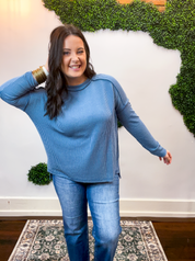 Second Take Raised Rib Long Sleeve Top in Dusty Blue