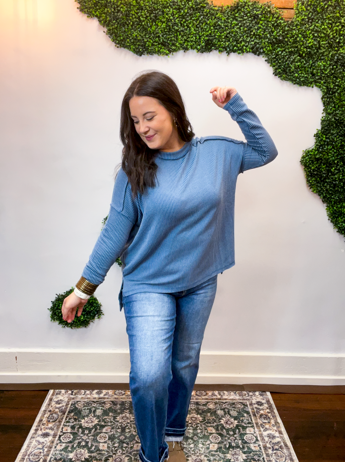Second Take Raised Rib Long Sleeve Top in Dusty Blue