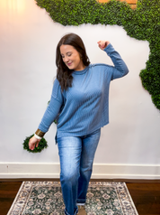 Second Take Raised Rib Long Sleeve Top in Dusty Blue