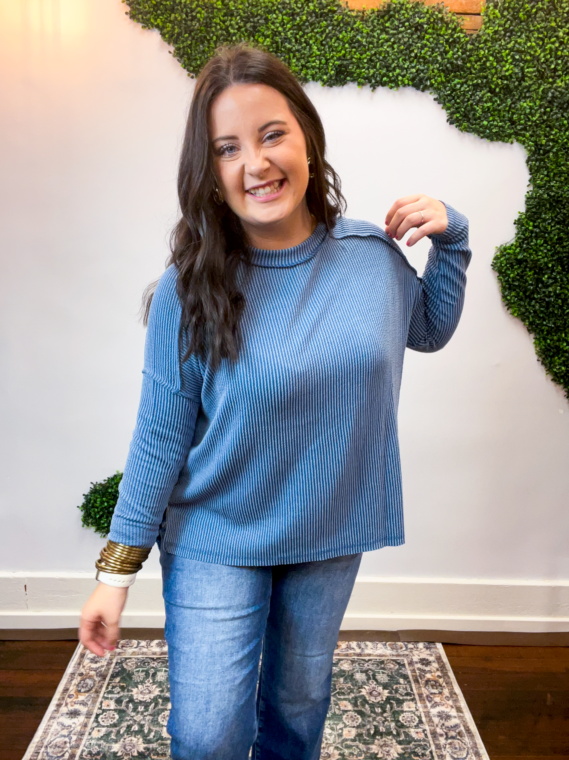 Second Take Raised Rib Long Sleeve Top in Dusty Blue
