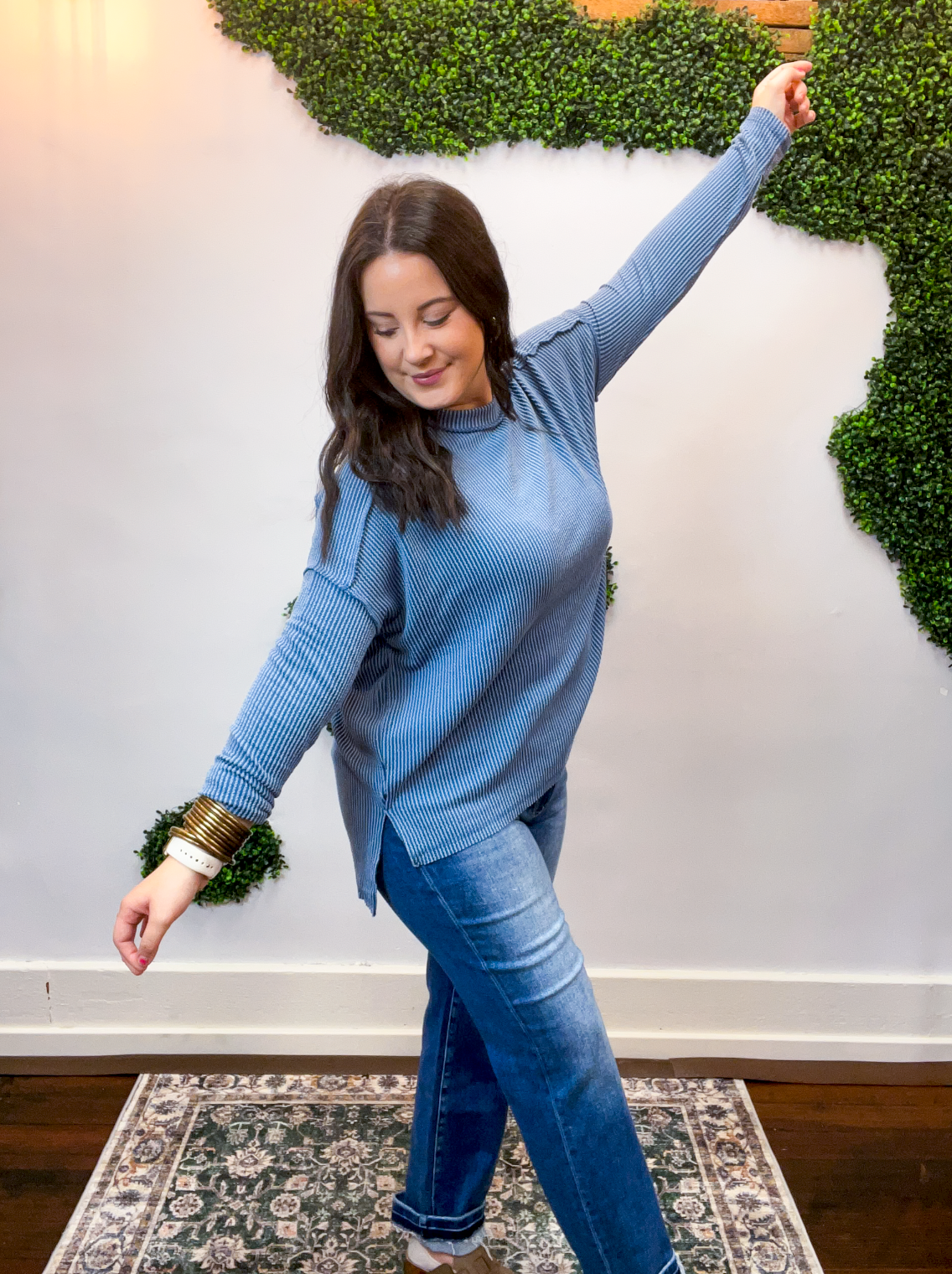 Second Take Raised Rib Long Sleeve Top in Dusty Blue