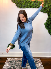 Second Take Raised Rib Long Sleeve Top in Dusty Blue