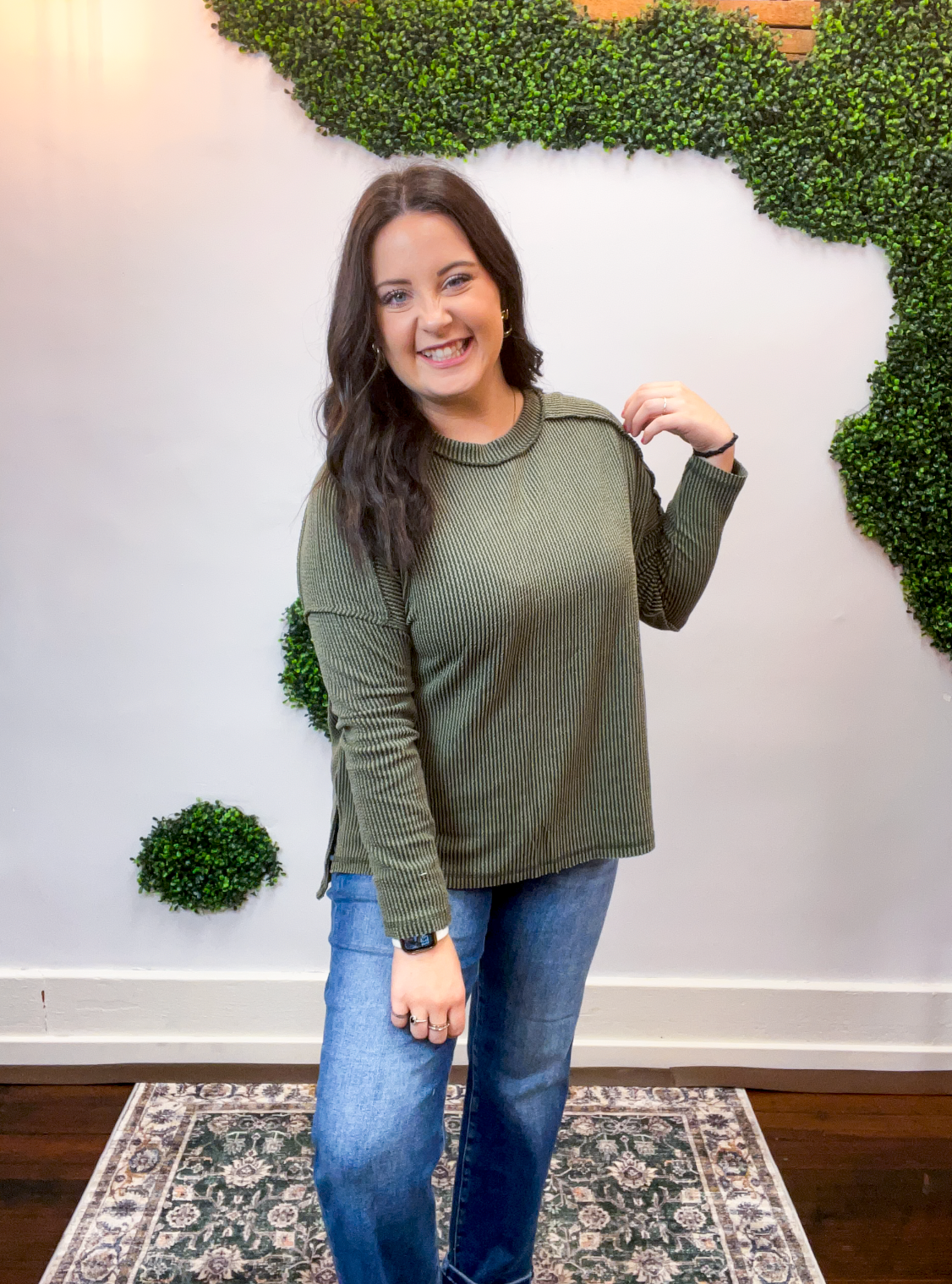 Second Take Raised Rib Long Sleeve Top in Olive