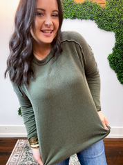 Second Take Raised Rib Long Sleeve Top in Olive