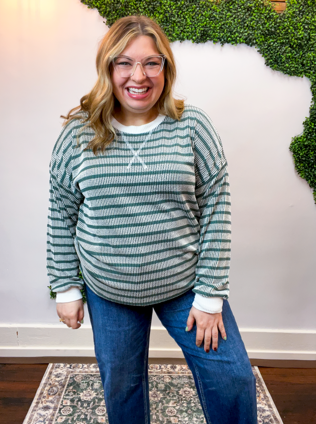 All Season Stripe Pullover in Hunter Green