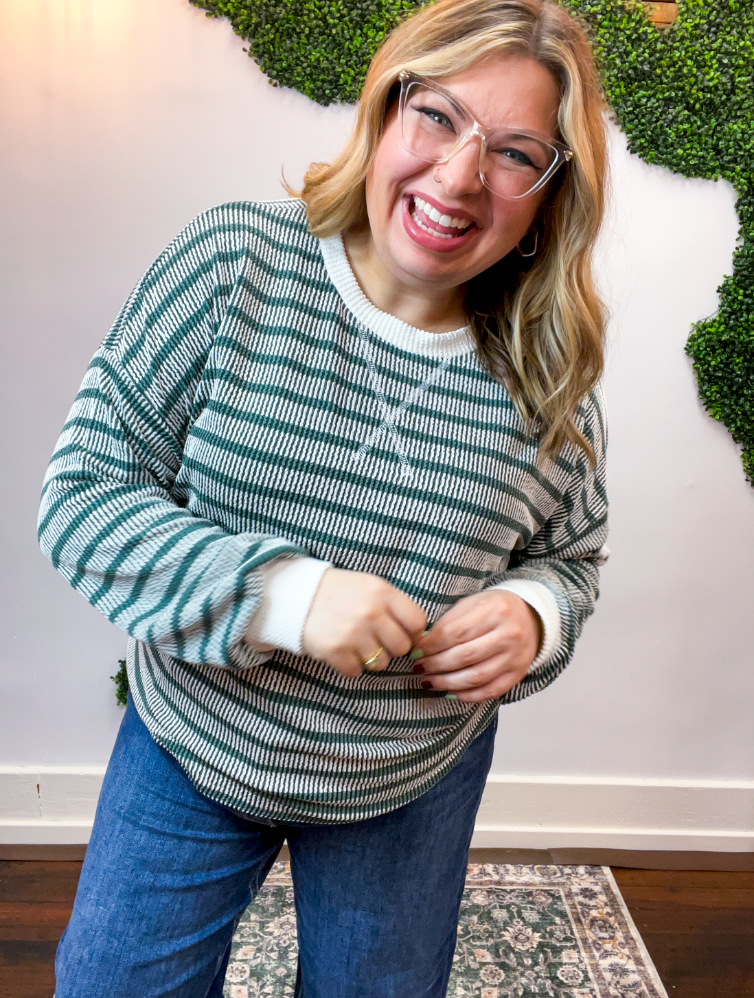 All Season Stripe Pullover in Hunter Green