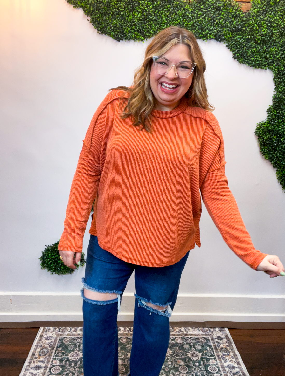 Second Take Raised Rib Long Sleeve Top in Burnt Orange