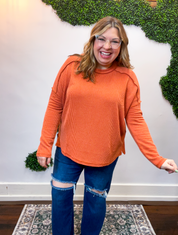 Second Take Raised Rib Long Sleeve Top in Burnt Orange