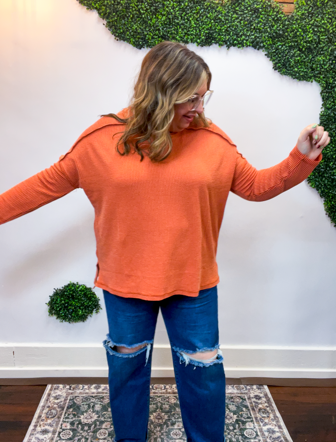Second Take Raised Rib Long Sleeve Top in Burnt Orange