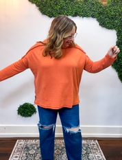 Second Take Raised Rib Long Sleeve Top in Burnt Orange