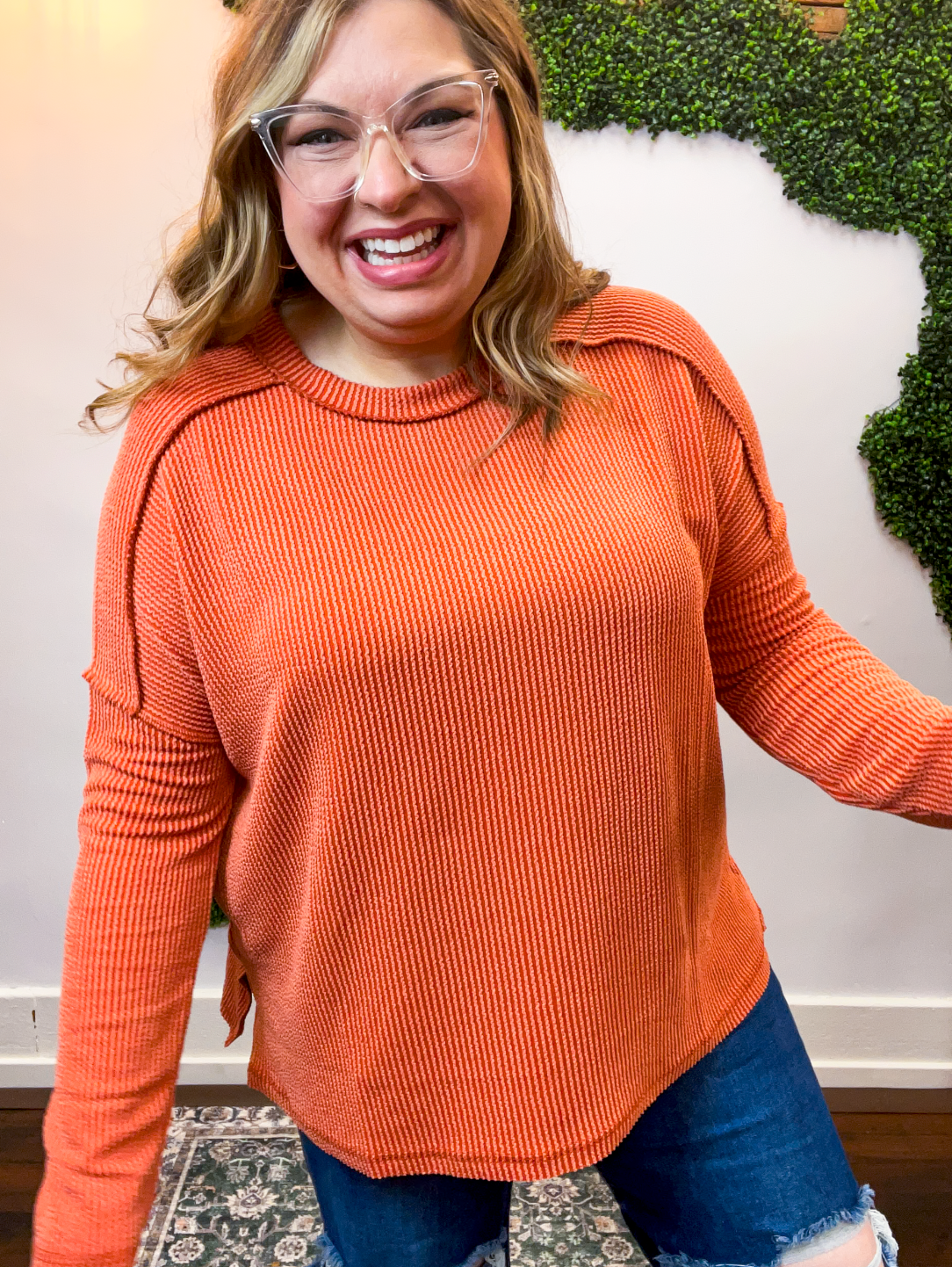 Second Take Raised Rib Long Sleeve Top in Burnt Orange