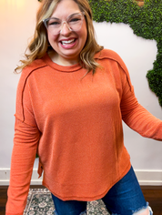 Second Take Raised Rib Long Sleeve Top in Burnt Orange